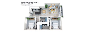 A graphic shows the layout of a 2 bedroom, 2 bathroom apartment.