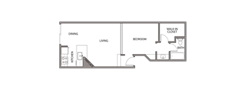 A floor plan of a house with a kitchen, dining area, living room, bedroom, bathroom, and walk-in closet.