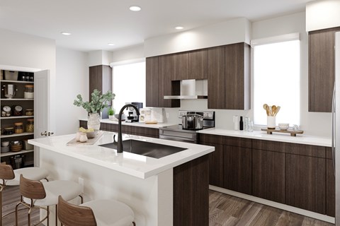 A modern kitchen with a white countertop and brown cabinets.