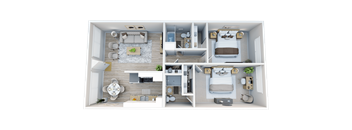 A 3D floor plan of a small apartment with a living room, kitchen, dining area, and two bedrooms.