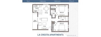 A floor plan for La Cresta Apartments shows two bedrooms and two bathrooms in a 975 square foot apartment.
