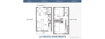 A floor plan for a 1,050 square foot apartment with two bedrooms and one and a half bathrooms.