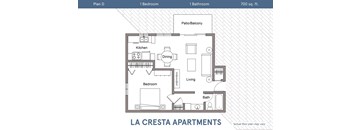 A floor plan for a 700 sq. ft. apartment with one bedroom and one bathroom.