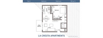 A floor plan for a 750 sq. ft. apartment with one bedroom and one bathroom.