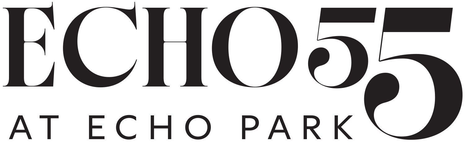 The image displays the text "ECHO 55 at Echo Park" in a bold, black font on a green background.