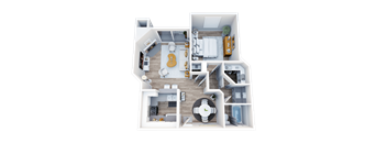 A top-down view of a house layout with a kitchen, living room, and bedrooms.