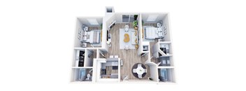A 3D floor plan of a house with a kitchen, living room, and two bedrooms.