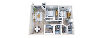 A 3D floor plan of a house with a kitchen, living room, and bathroom.