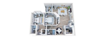 A top-down view of a modern apartment layout with a kitchen, living room, and bedrooms.
