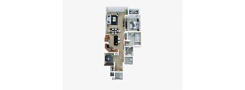 a 3d floor plan of a house with furniture and a balcony