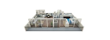 A 3D model of a house with a blue couch in the living room.