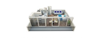 A top down view of a modern house with a balcony.