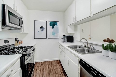 A modern kitchen with white cabinets and a black stove top.