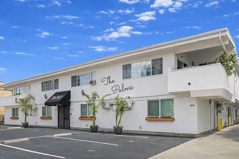 The Palms building has a black awning and a yellow door.