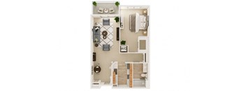 A floor plan of a small apartment with a kitchen, living room, and bathroom.