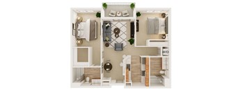A top-down view of a small apartment layout with a bedroom, living room, and kitchen.