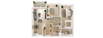 A 3D floor plan of a small apartment with a kitchen, living room, and bathroom.