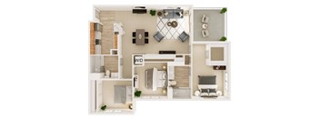 A top-down view of a small apartment layout with a living room, kitchen, and bedroom.