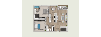 A floor plan of an apartment with two bedrooms, a living room, a dining room, a kitchen, a bathroom, and a balcony.