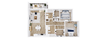 A top-down view of a house layout with a living room, kitchen, dining area, and bedrooms.