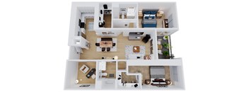 a 3d rendering of a floor plan with a bedroom and living room