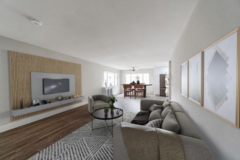 A living room with a grey sofa and a television.