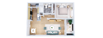 A top-down view of a well-organized living space with a kitchen, dining area, and bedroom.