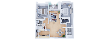 A top-down view of a house layout with a kitchen, living room, dining area, and bathroom.