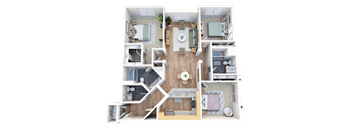 A 3D floor plan of a house with a living room, kitchen, and two bedrooms.