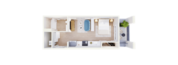 A top-down view of a small apartment with a bed, a desk, a chair, a couch, a kitchenette, and a bathroom.