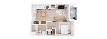 A top-down view of a small apartment with a living room, kitchen, and bathroom.