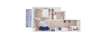 A top-down view of a small apartment layout with a bedroom, living room, and kitchen.