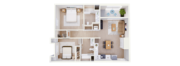 A top-down view of a small apartment with a kitchen, living room, and bathroom.
