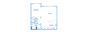 A floor plan of a living space showing a bedroom, bathroom, kitchen, and entryway.