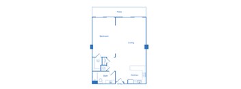 A floor plan of a living space with a bedroom, bathroom, kitchen, and entry.