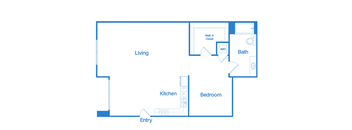 A floor plan of a home with a living room, kitchen, bedroom and bathroom.