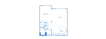 A floor plan of a house with a bedroom, bath, kitchen, and living room.