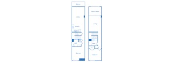 A floor plan of a house with a balcony, living room, kitchen, bath, and bedroom.
