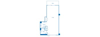 A floor plan of a house with a kitchen, bath, and living room.