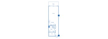 A floor plan of a home showing a living room, kitchen, bathroom, and entry.