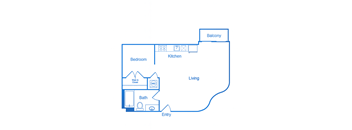 A diagram of a house layout with a balcony, kitchen, bedroom, bathroom, and entry.