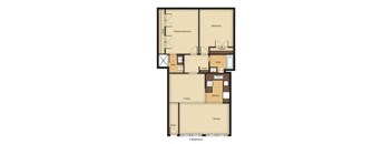 A floor plan of a 2 bedroom apartment with a living room, kitchen, dining room, and bathrooms.