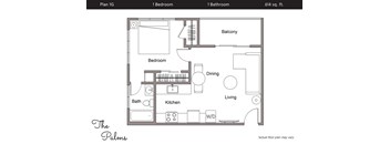 A floor plan for a one bedroom apartment with a balcony.