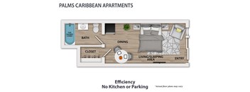 A floor plan of a Palms Caribbean Apartments showing a bathroom, dining area, living/sleeping area, and entry.