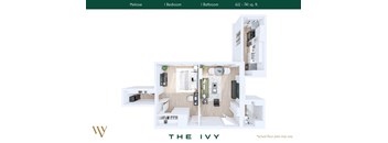 A webpage displays a floor plan for a property named "THE IVY" with a bedroom, bathroom, and a total area of 622 - 741 sq. ft.