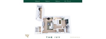 A floor plan of a small apartment with a kitchen, living room, and bathroom.