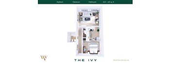 A floor plan of a one bedroom apartment with a highland theme.