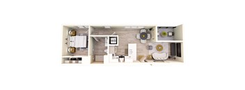 A floor plan of a small apartment with a kitchen, living room, and bathroom.