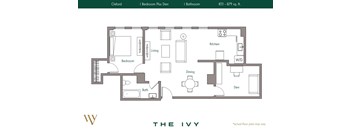 A floor plan for a property named The Ivy, showing a living room, bedroom, bathroom, kitchen, dining area, and den.