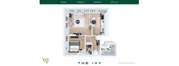 A floor plan of a small apartment with a bedroom, bathroom, and kitchen.